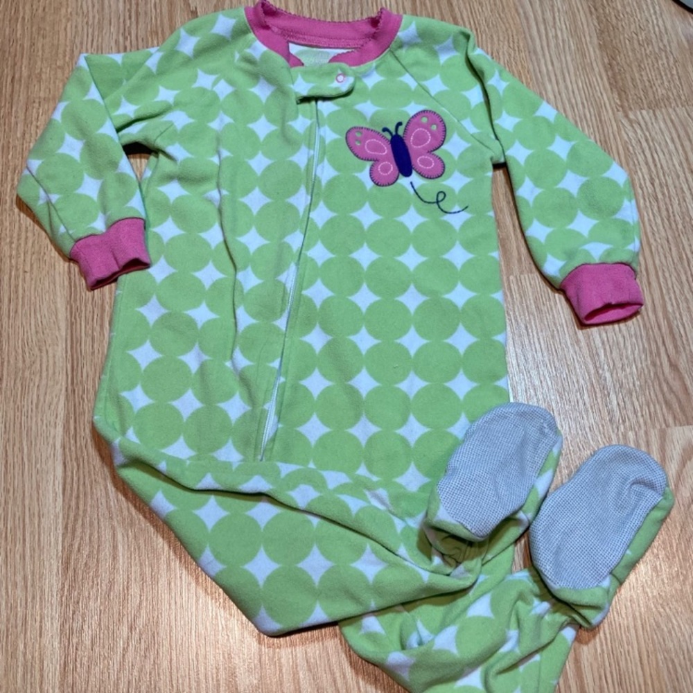 Butterfly Green‎ White Dot Fleece Footed Pajamas Sleepwear